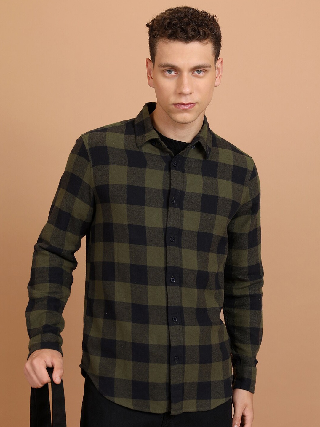 

HIGHLANDER Flannel Checked Cotton Casual Shirt, Green
