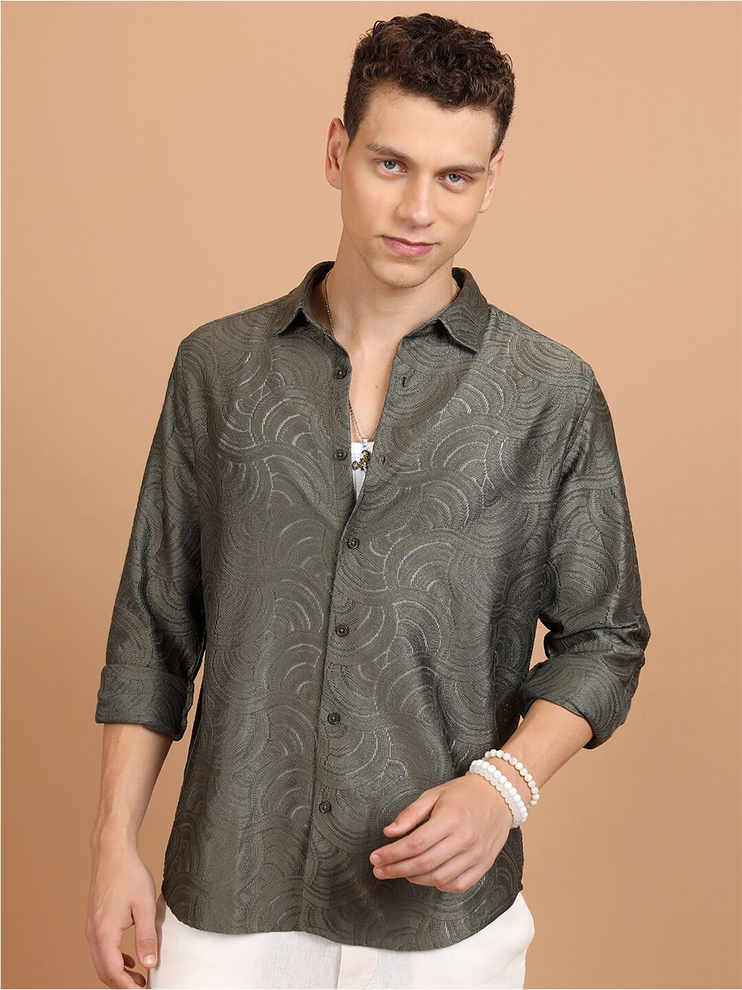 

HIGHLANDER Green Self Designed Oversized Semi Sheer Casual Crochet Shirt, Olive