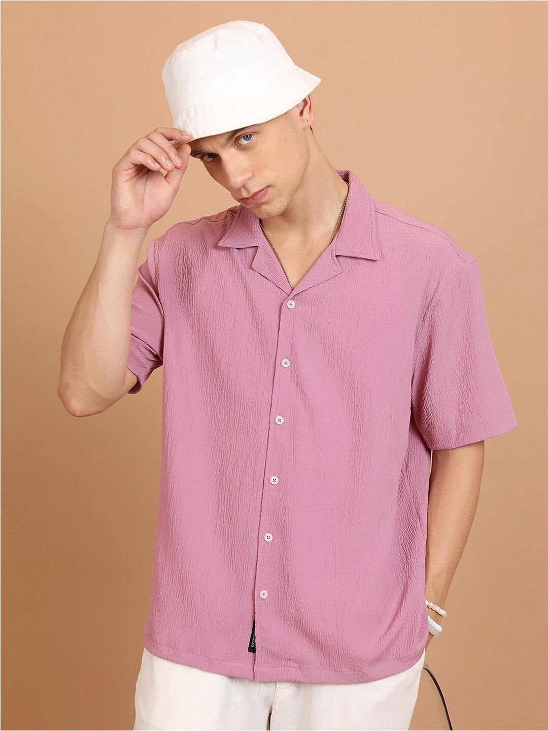 

HIGHLANDER Lavender-Coloured Textured Cuban Collar Short Sleeves Oversized Casual Shirt