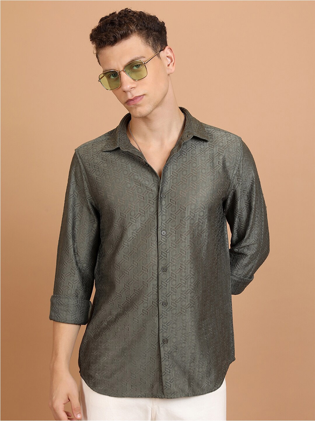 

HIGHLANDER Olive Green Textured Long Sleeves Oversized Casual Crochet Shirt