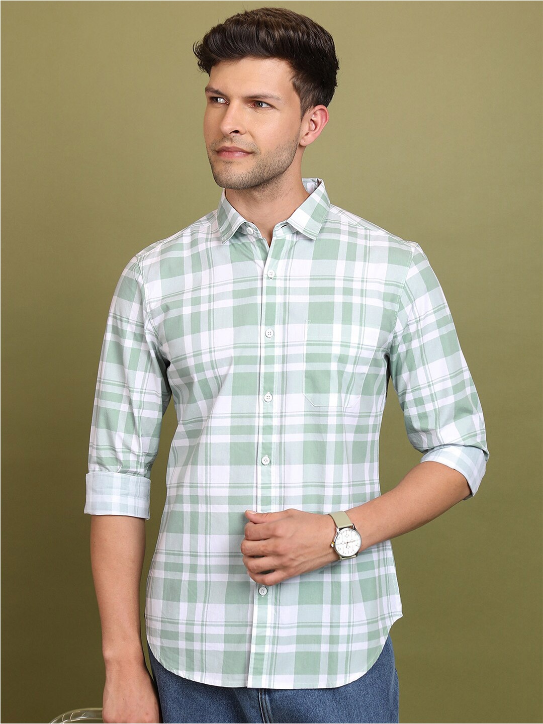 

HIGHLANDER Green Slim Fit Tartan Checked Cotton Casual Shirt