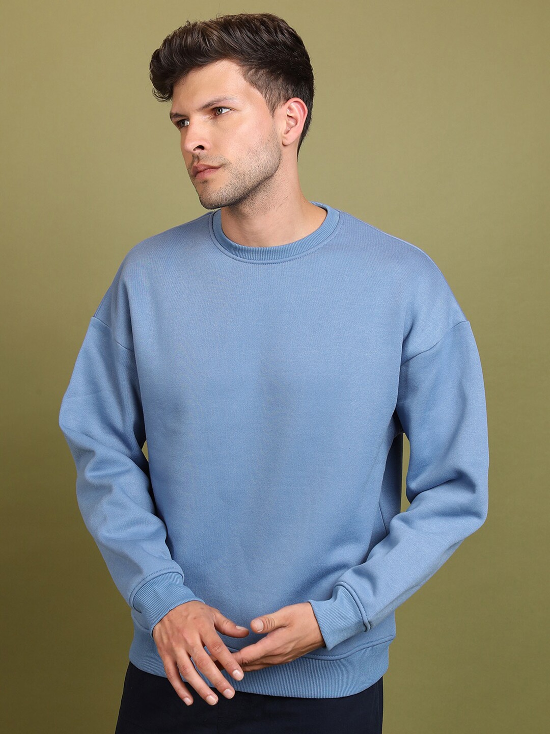 

HIGHLANDER Blue Round Neck Drop Shoulder Sleeves Oversized Pullover Sweatshirt