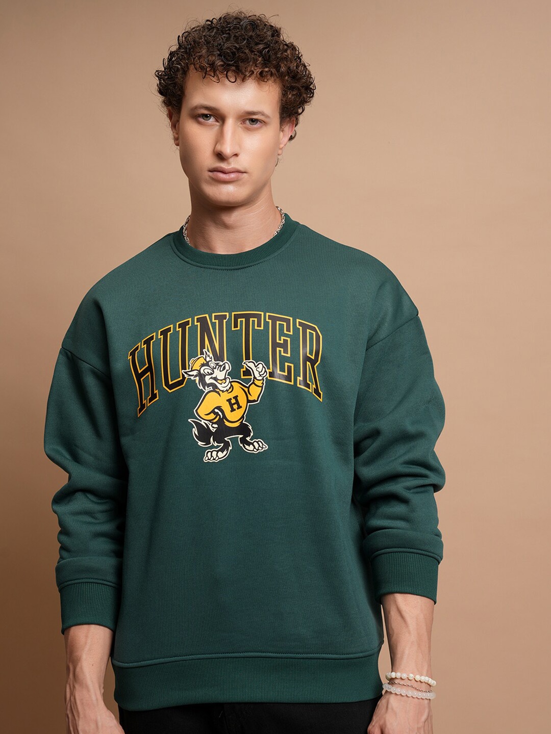 

HIGHLANDER Typography Printed Drop Shoulder Oversized Pullover, Green