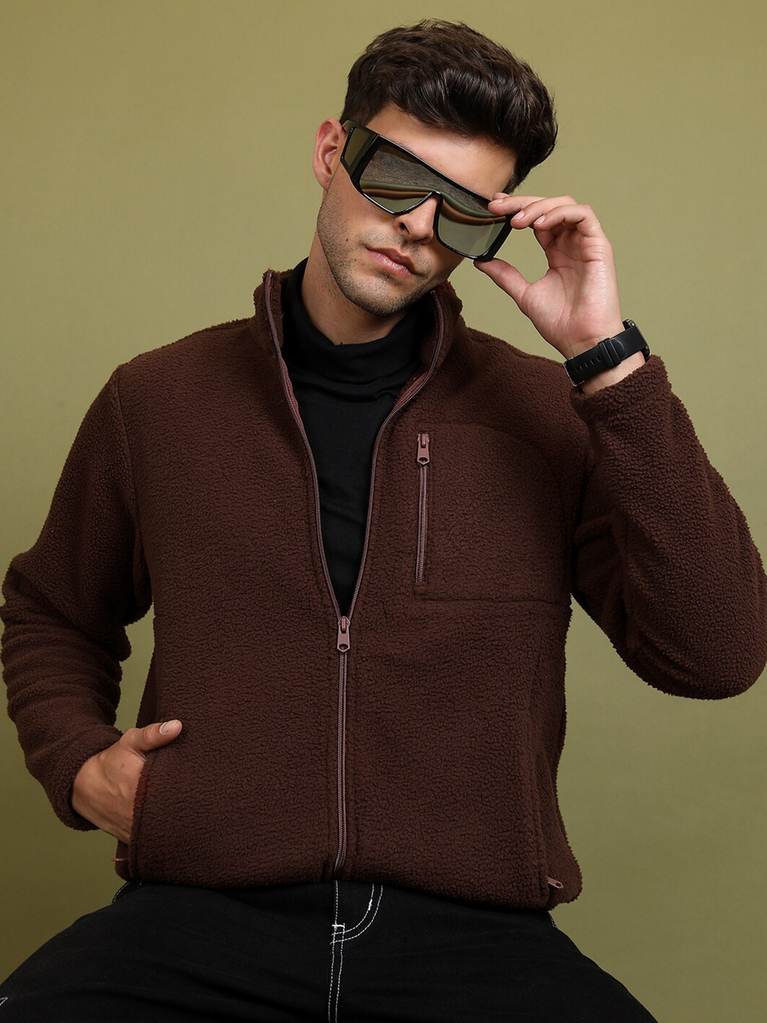 

HIGHLANDER Mock Collar Front-Open Sweatshirt, Brown