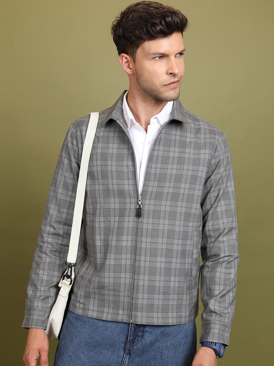 

HIGHLANDER Grey Checked Spread Collar Long Sleeves Bomber Jacket
