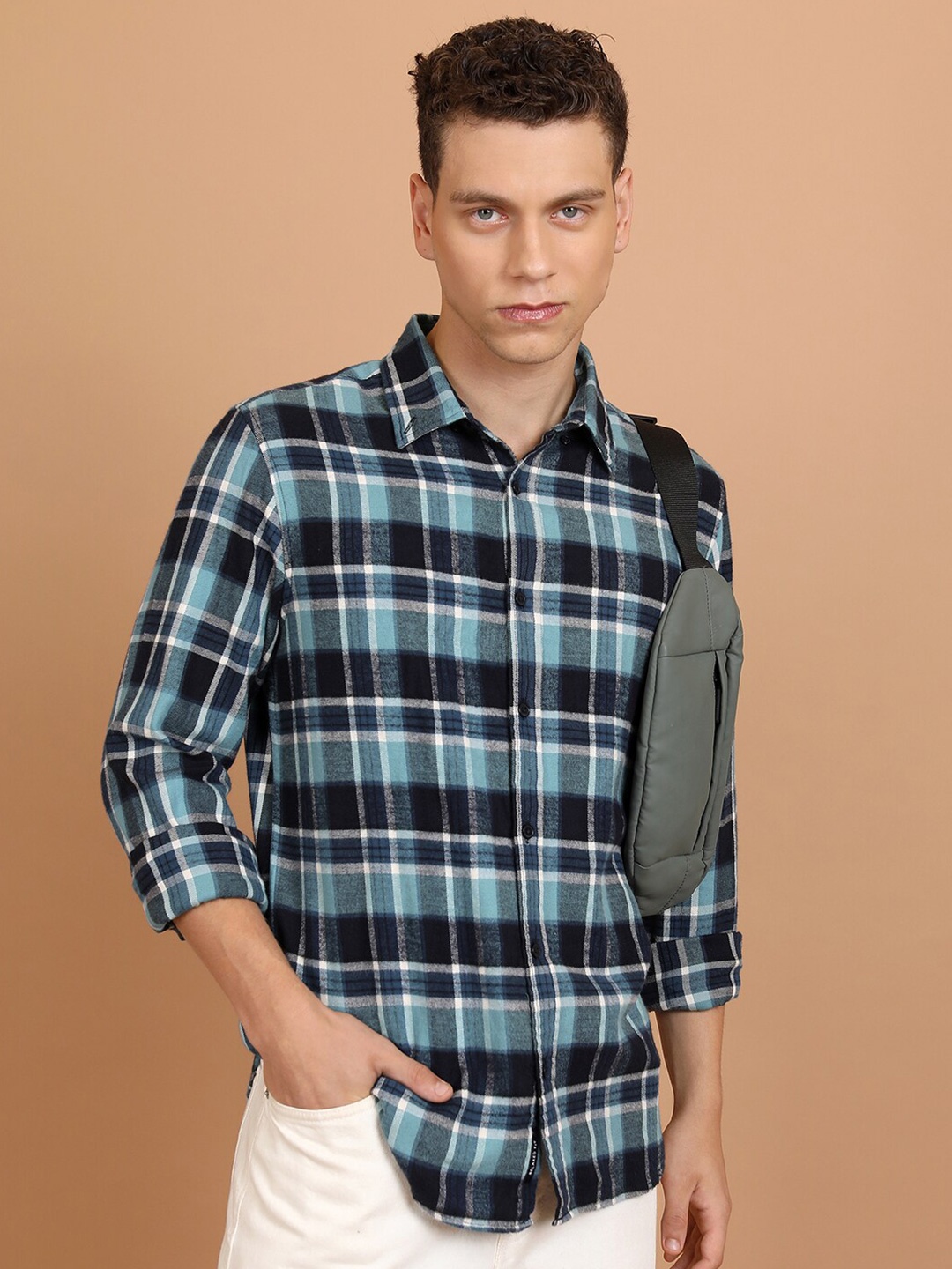 

HIGHLANDER Flannel Checked Cotton Casual Shirt, Teal