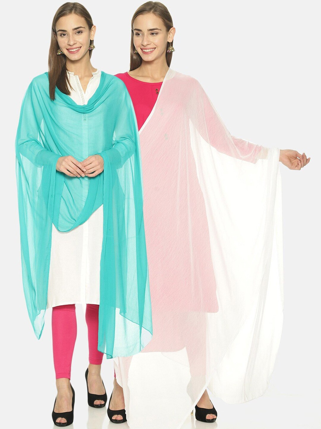 

TWIN BIRDS Women Pack of 2 Lightweight Nylon Solid Dupatta, White