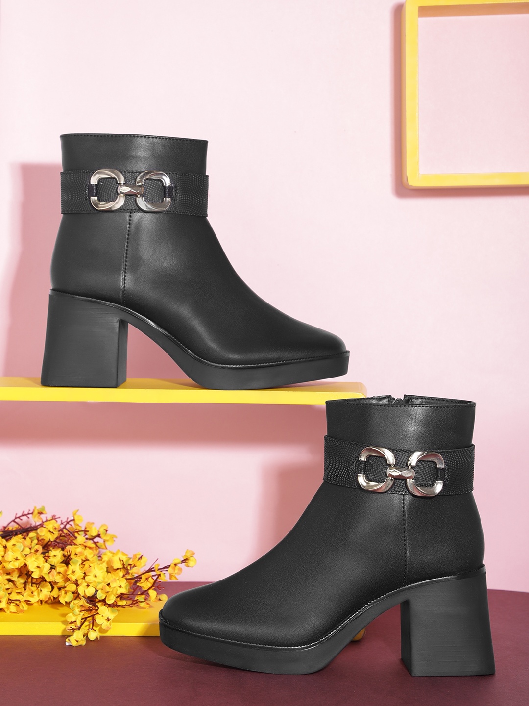 CORSICA Women Block Heel Buckle Detail Mid-Top Boots, Black