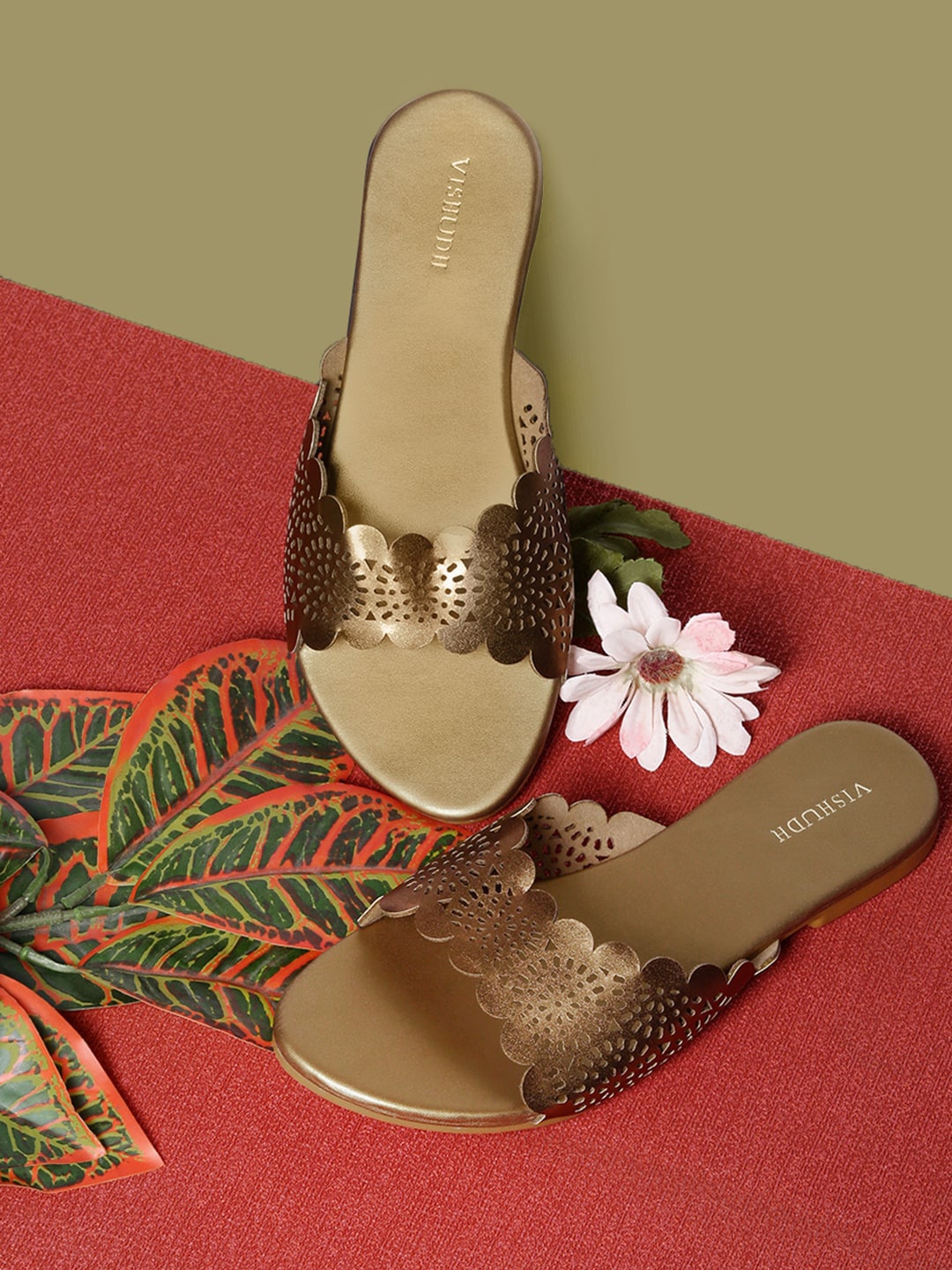

Vishudh Bronze-Toned Open Toe Flats With Laser Cuts
