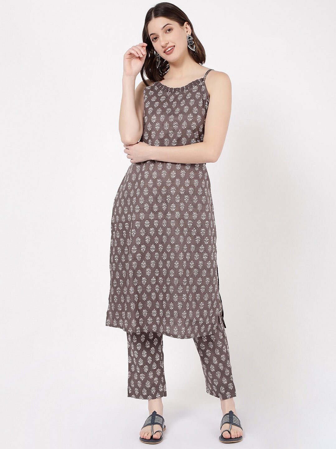 

R&B Ethnic Motifs Printed Shoulder Straps Pure Cotton Kurta With Trousers, Grey