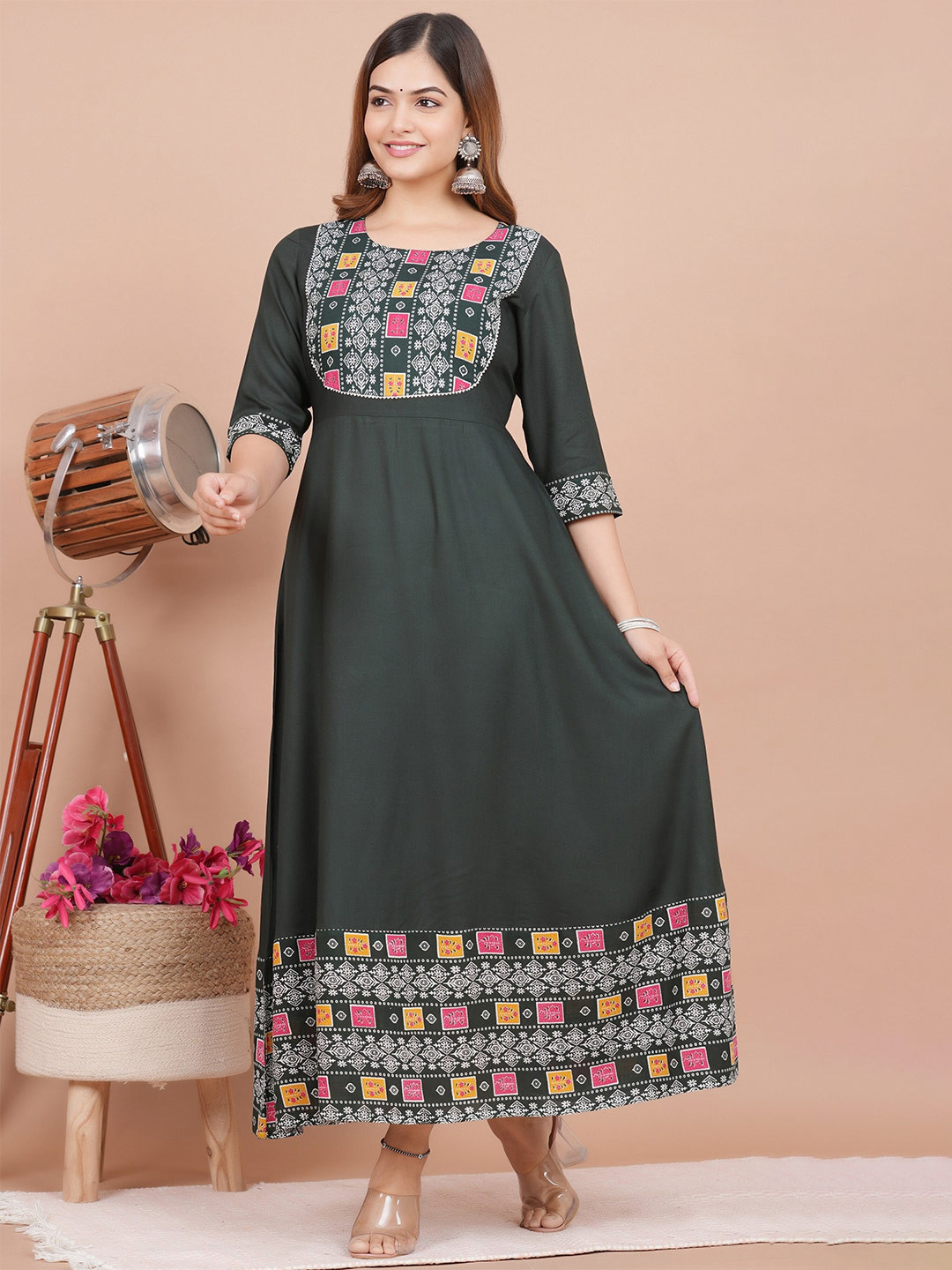 

KALINI Ethnic Motifs Printed Gotta Patti Fit & Flare Maxi Ethnic Dress, Green