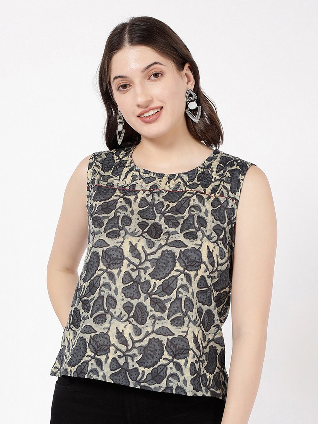 

R&B Floral Printed Cotton Top, Beige