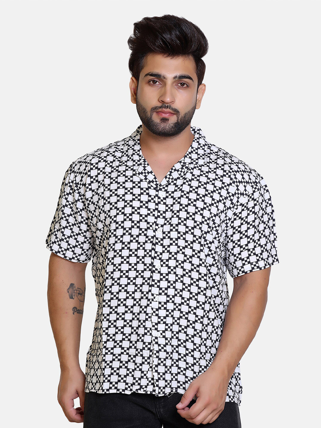 

Bofrike Premium Geometric Printed Cuban Collar Oversized Casual Shirt, White