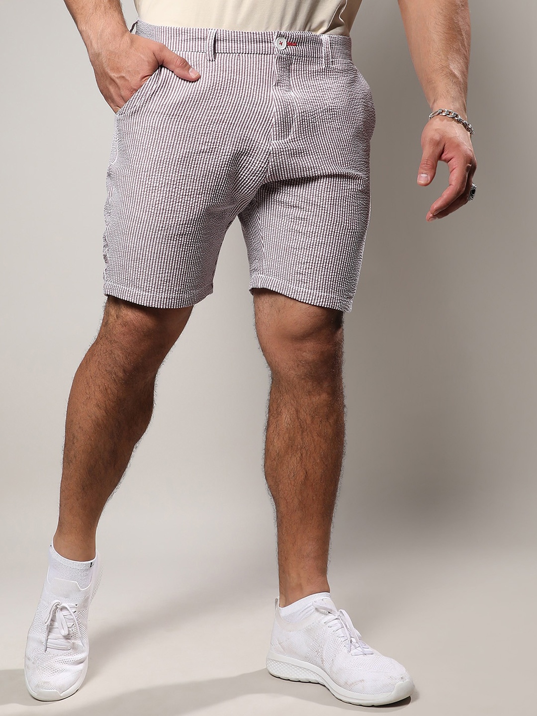 

Instafab Plus Striped Cotton Shorts, Brown
