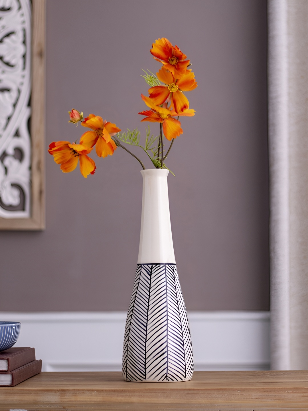 The Decor Lane Off White Printed Ceramic Flower Vase