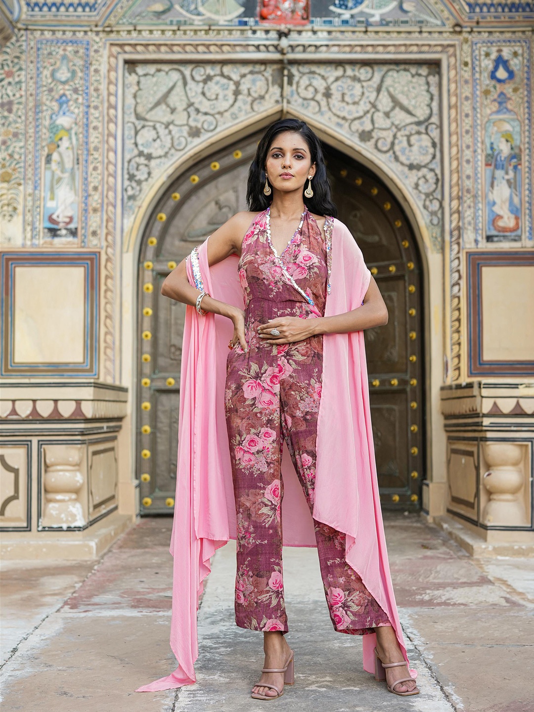

SCAKHI Printed Halter Neck Basic Jumpsuit with Cape, Mauve