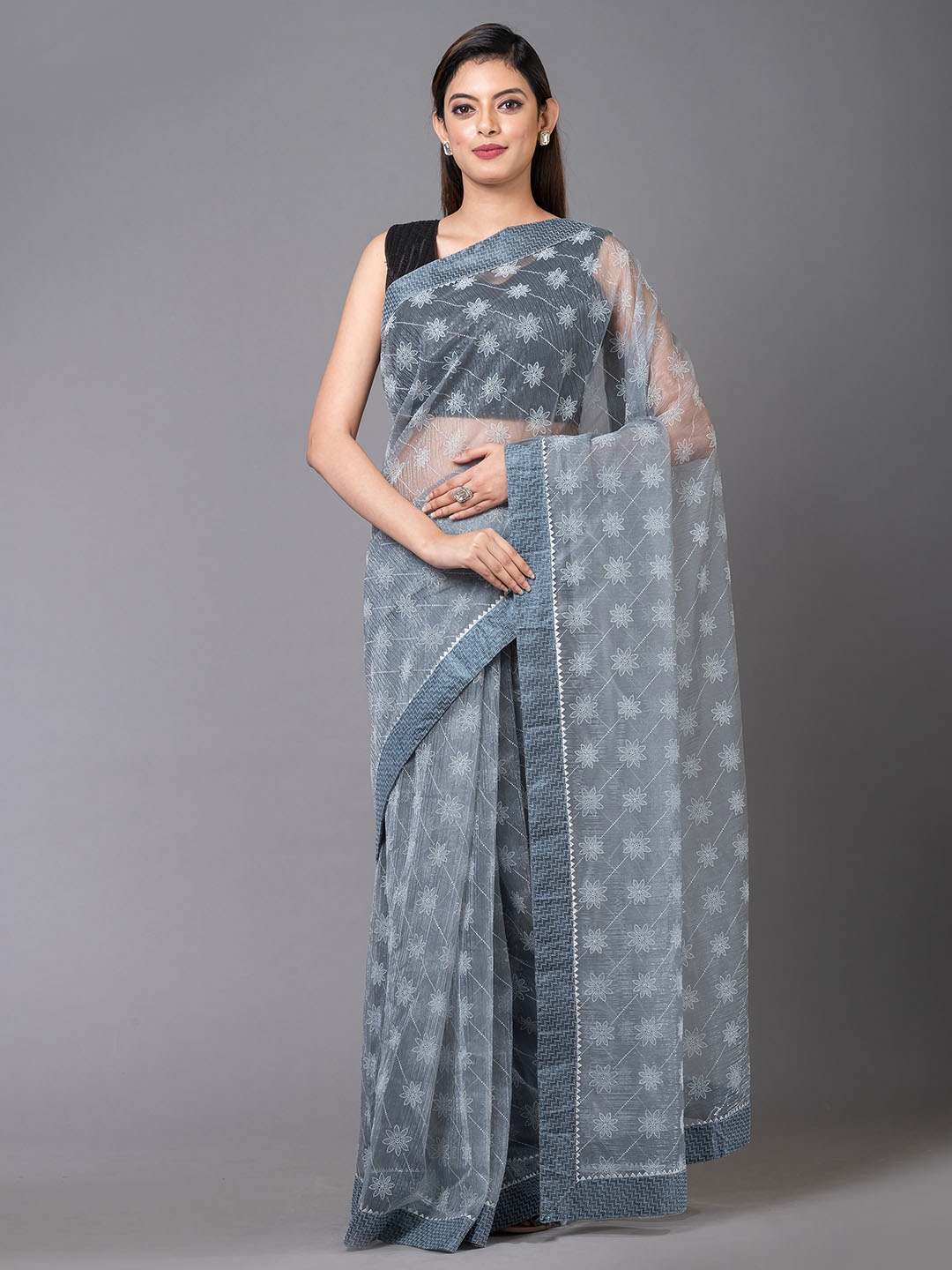 

MAHALASA Floral Embroidered Gotta Patti Pure Chiffon Saree, Grey