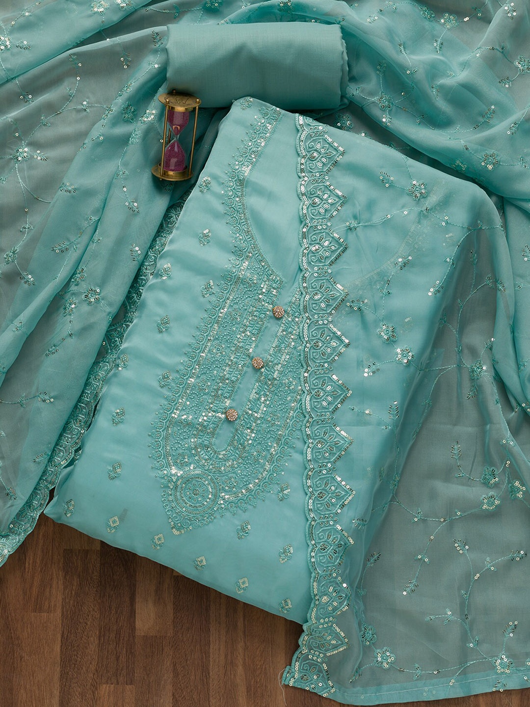 

Koskii Floral Embroidered Unstitched Dress Material, Blue