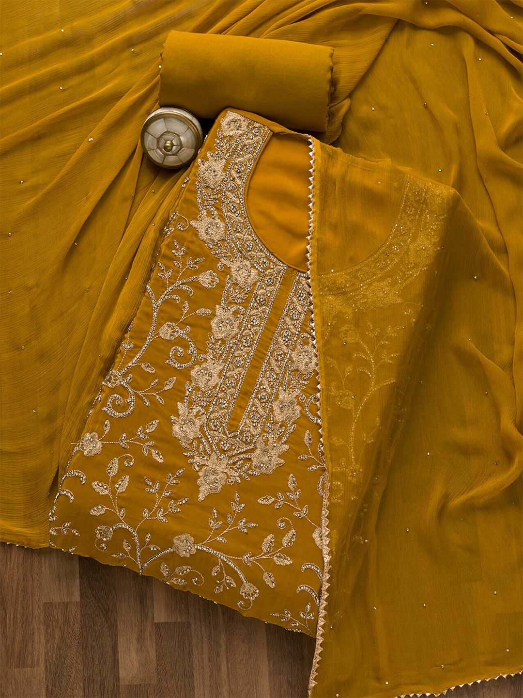 

Koskii Floral Embroidered Beads and Stones Unstitched Dress Material, Mustard