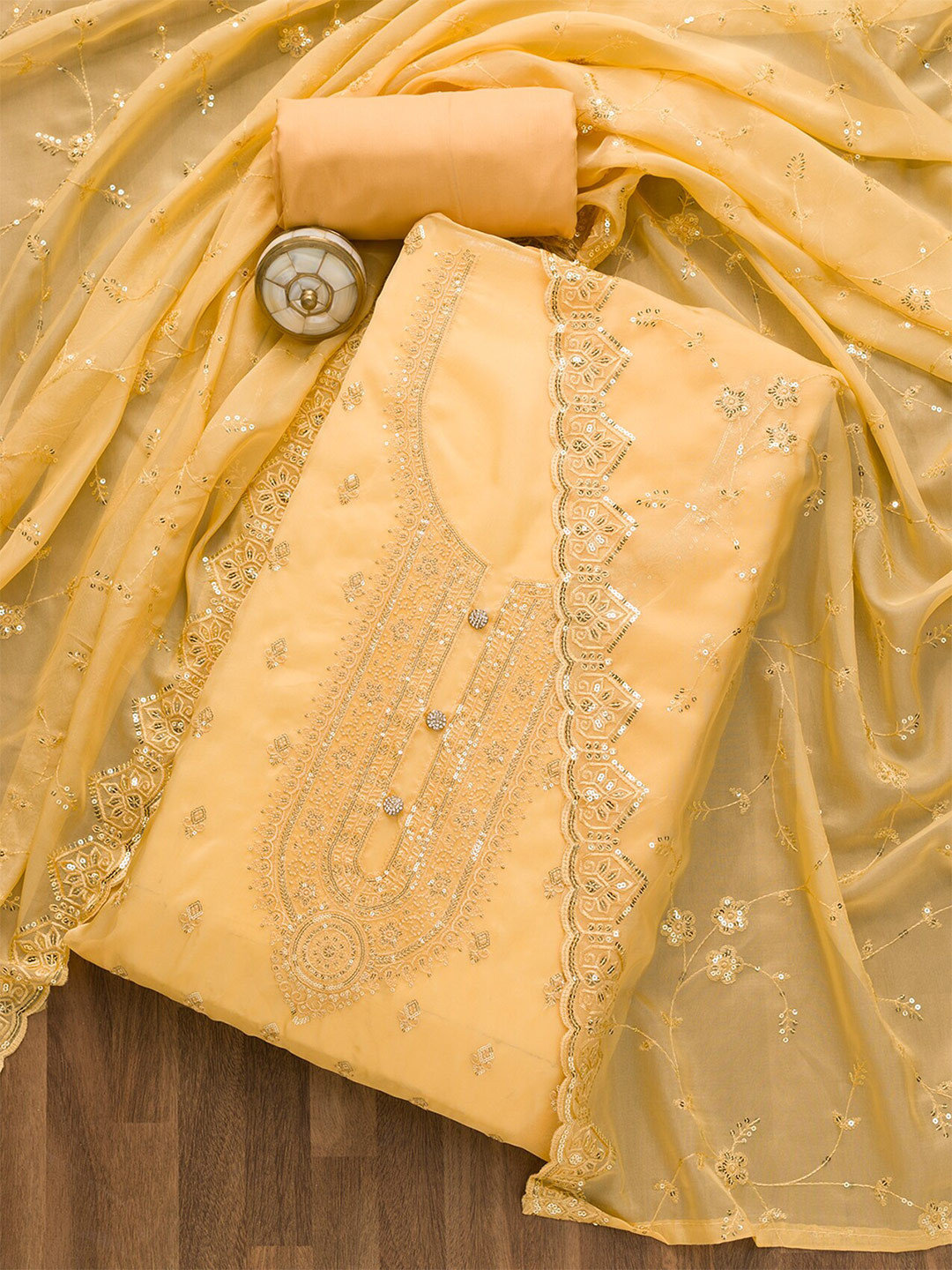 

Koskii Embroidered Unstitched Dress Material, Yellow
