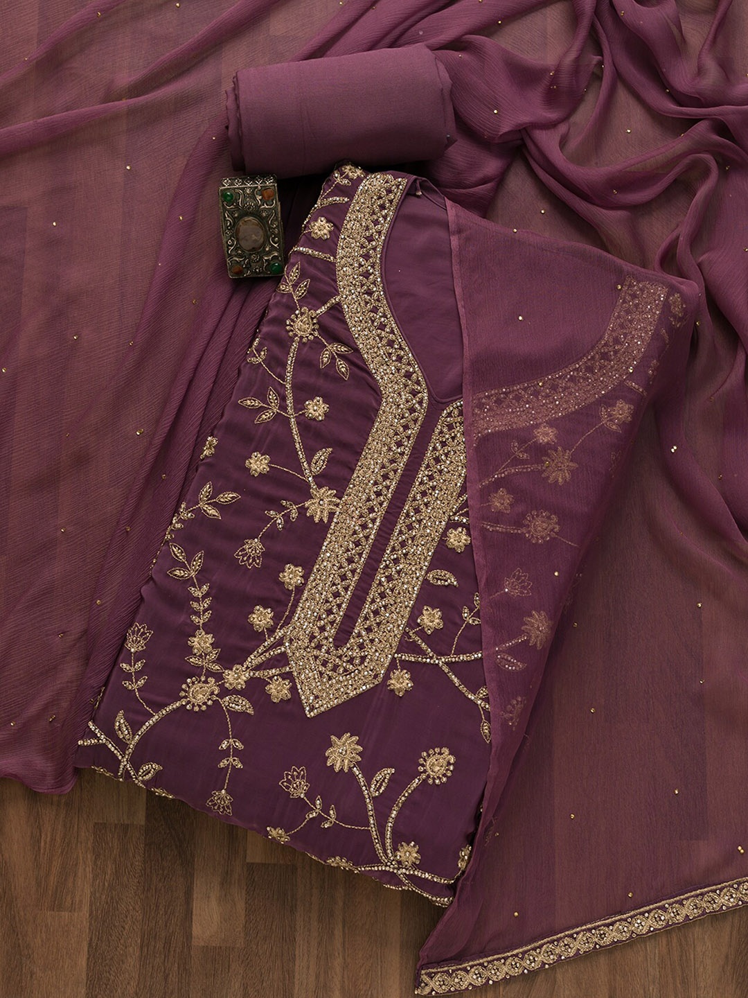 

Koskii Floral Embroidered Unstitched Dress Material, Burgundy