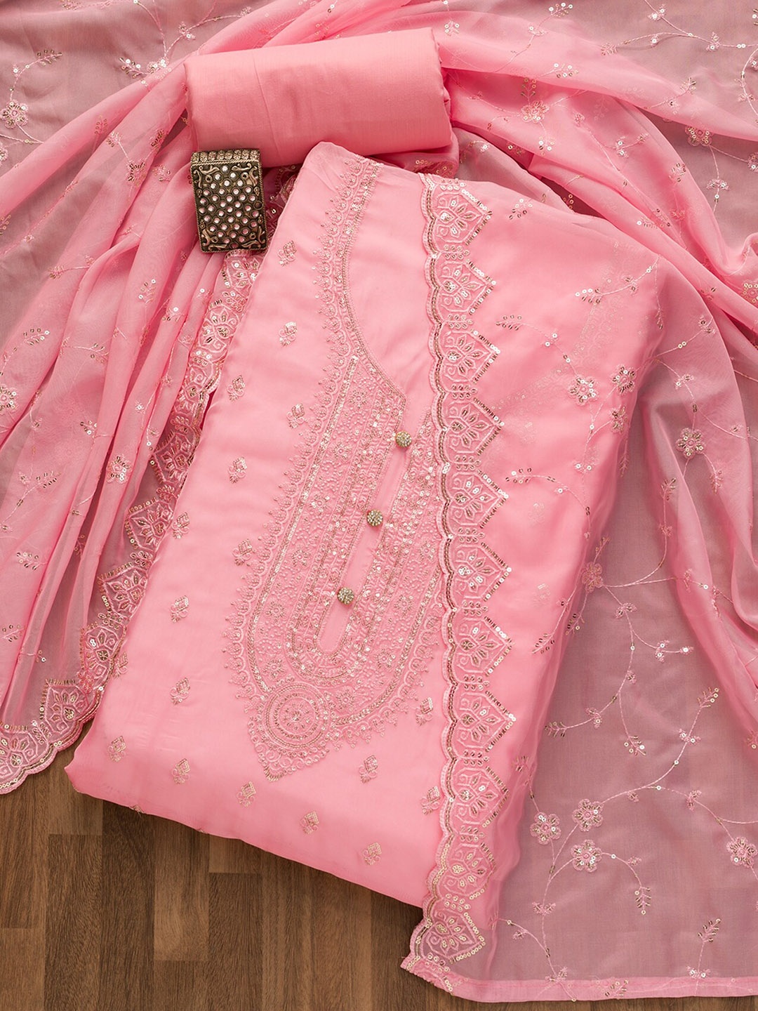 

Koskii Pink Embroidered Unstitched Dress Material