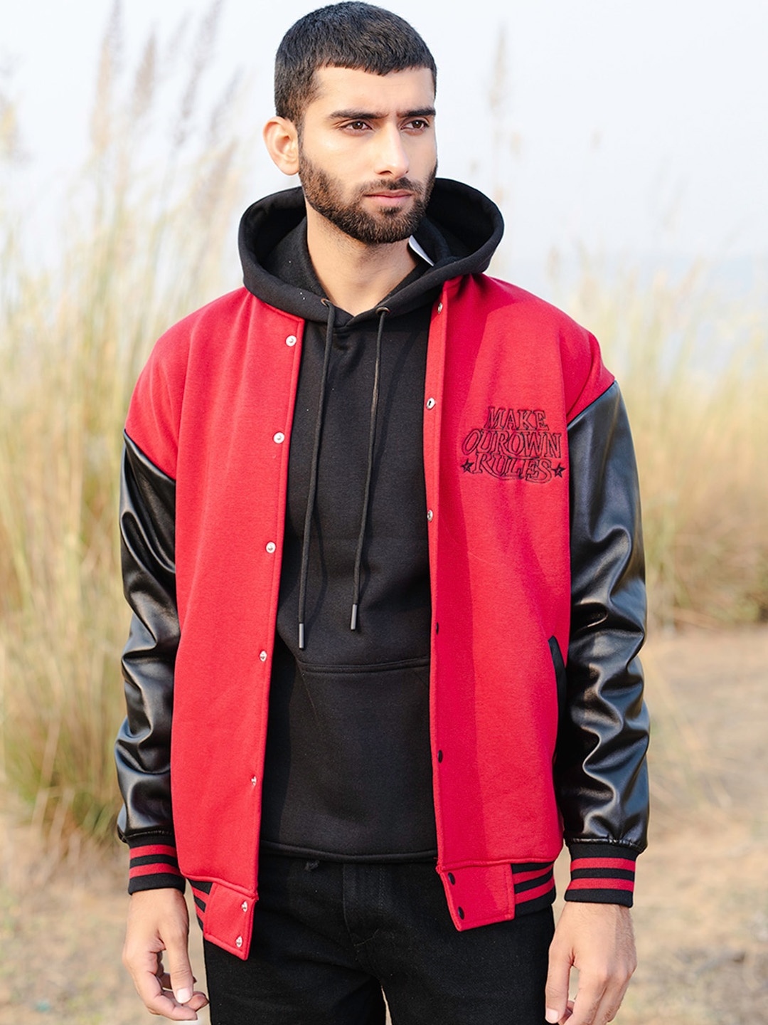 

Tistabene Self Design Lightweight Cotton Varsity Jacket, Red