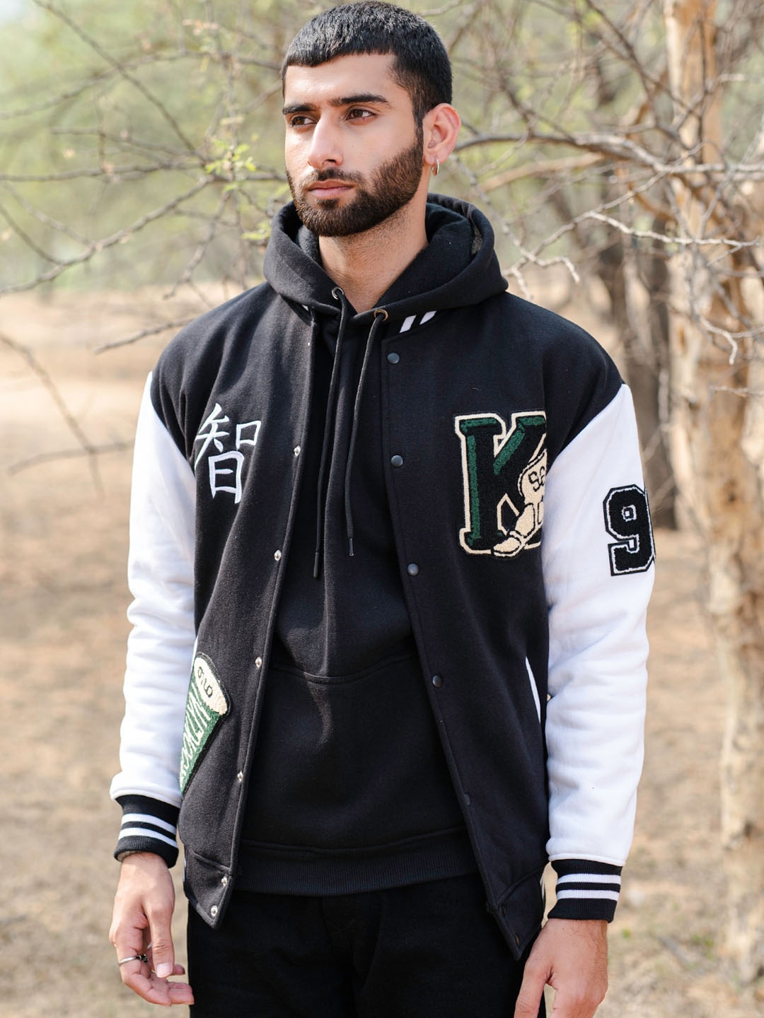 

Tistabene Colourblocked Lightweight Patchwork Cotton Varsity Jacket, Black