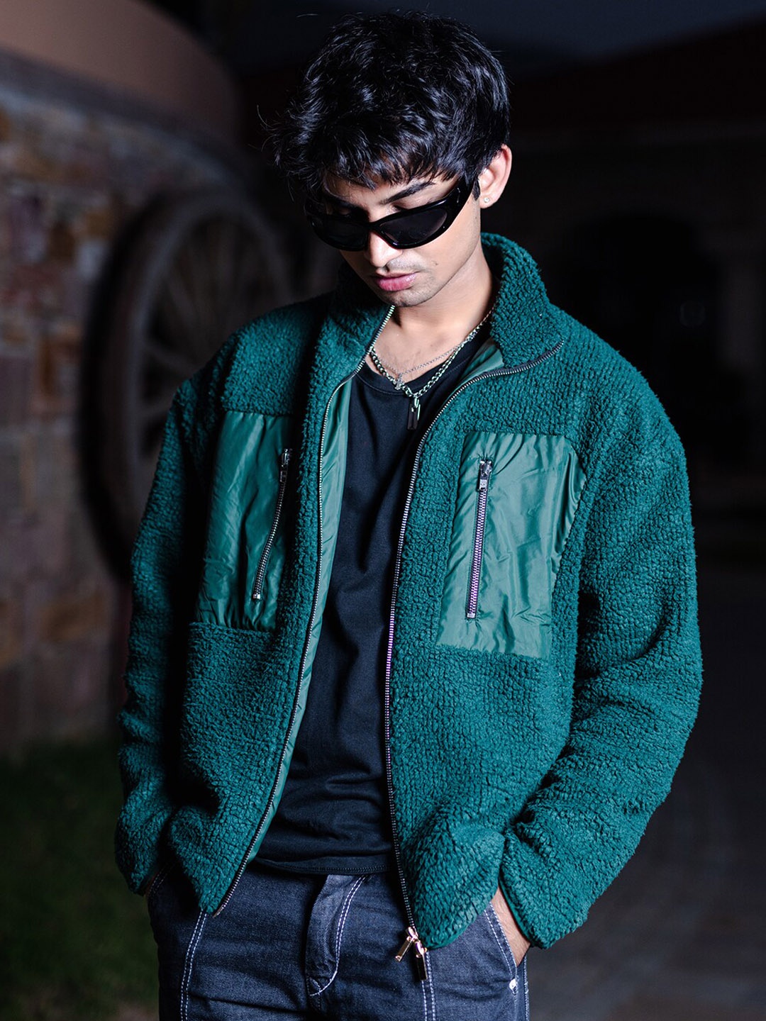 

Tistabene Self Design Lightweight Fleece Bomber Jacket, Green