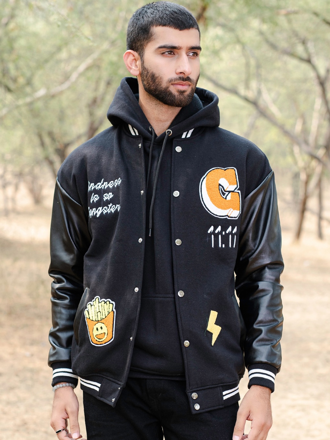 

Tistabene Self Design Lightweight Cotton Varsity Jacket, Black