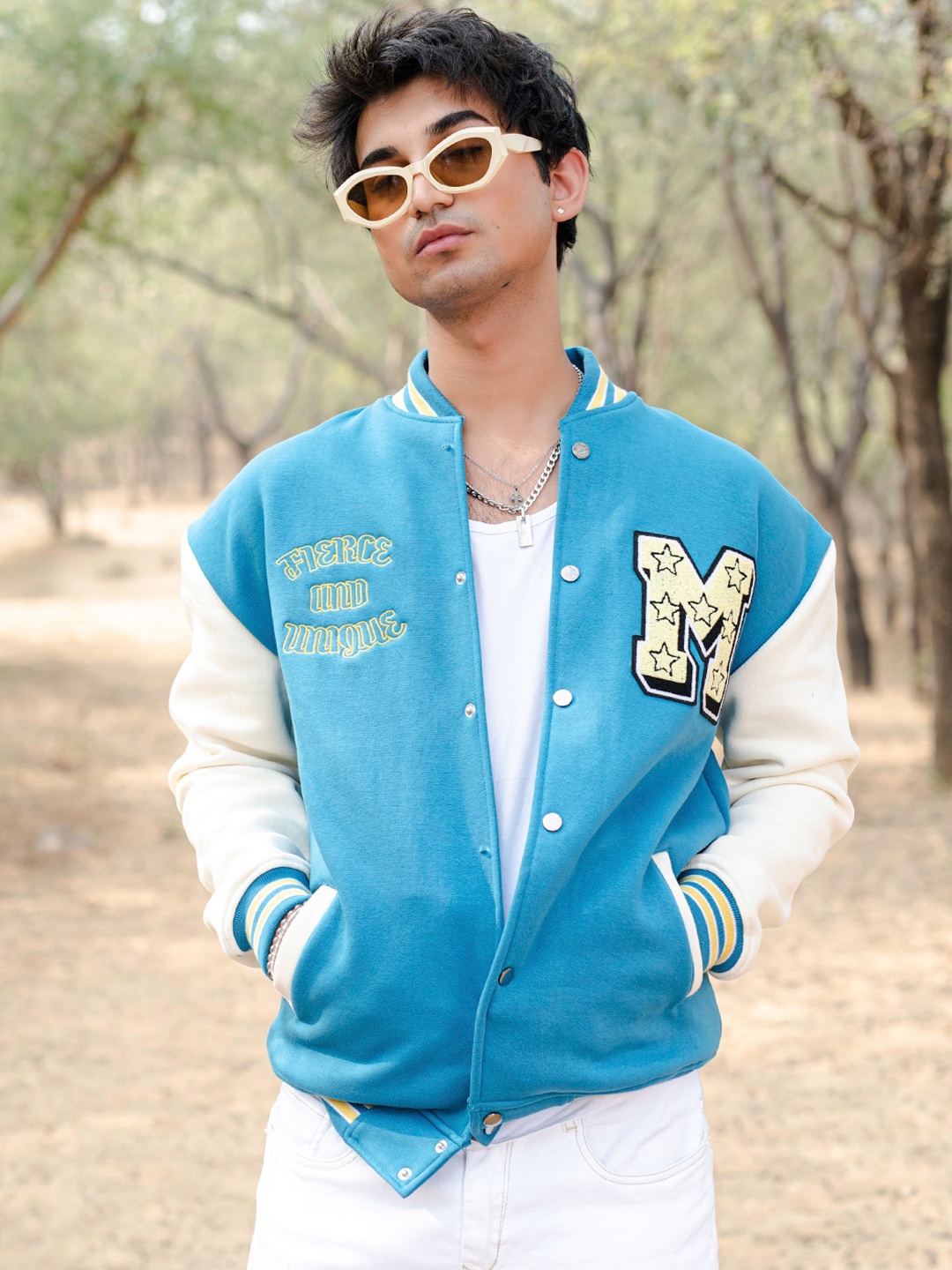 

Tistabene Self Design Lightweight Cotton Varsity Jacket, Turquoise blue