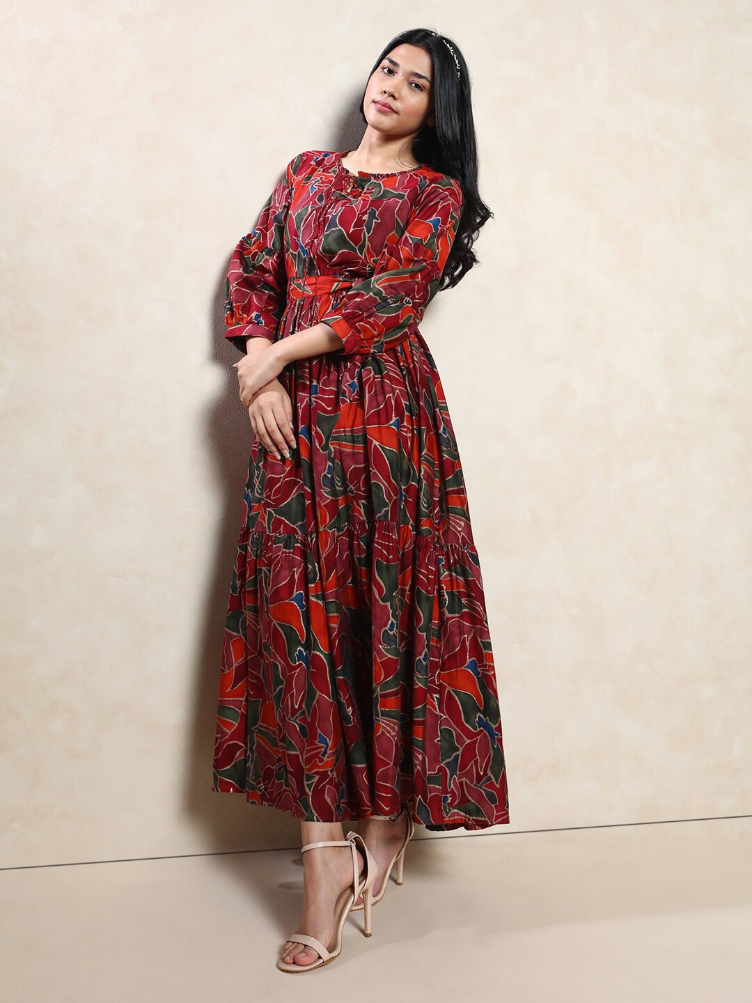 

Indifusion Printed Tie-Up Neck Maxi A-line Dress, Red