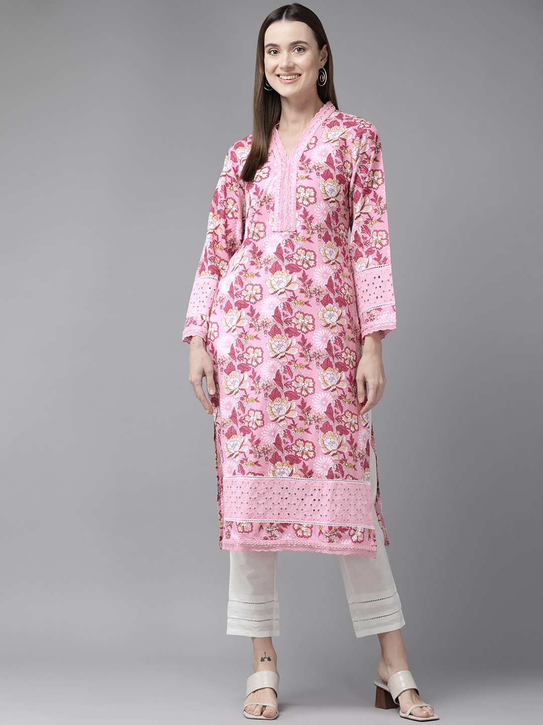 

Yufta Floral Printed Thread Work Pure Cotton Kurta with Trousers, Pink