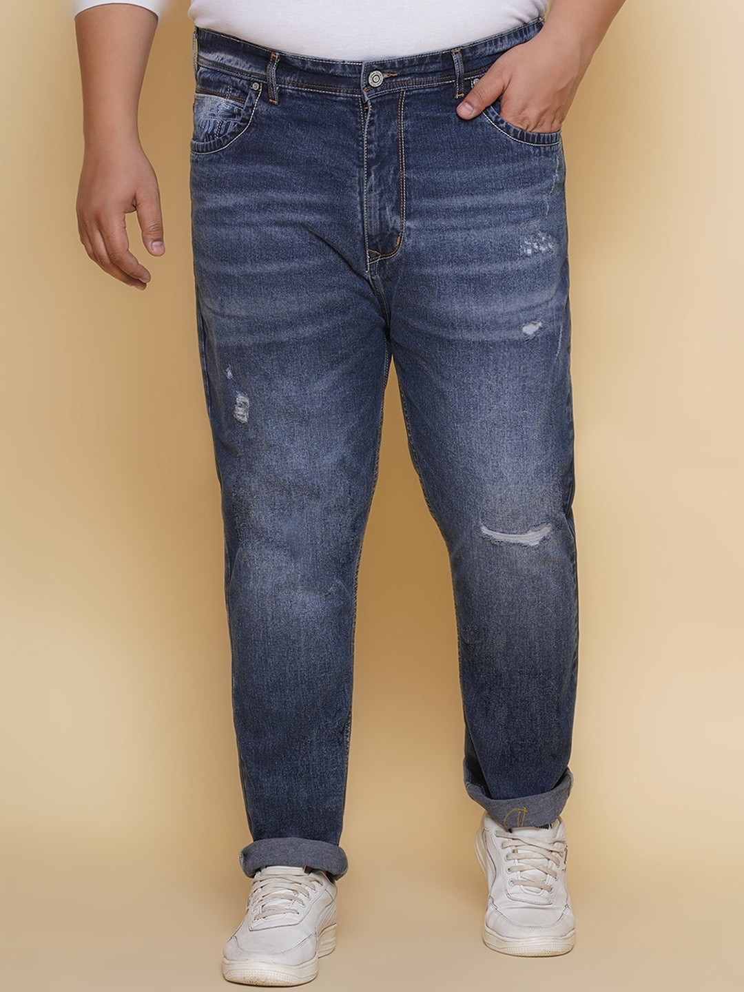 

John Pride Men Plus Size Mildly Distressed Heavy Fade Stretchable Jeans, Blue