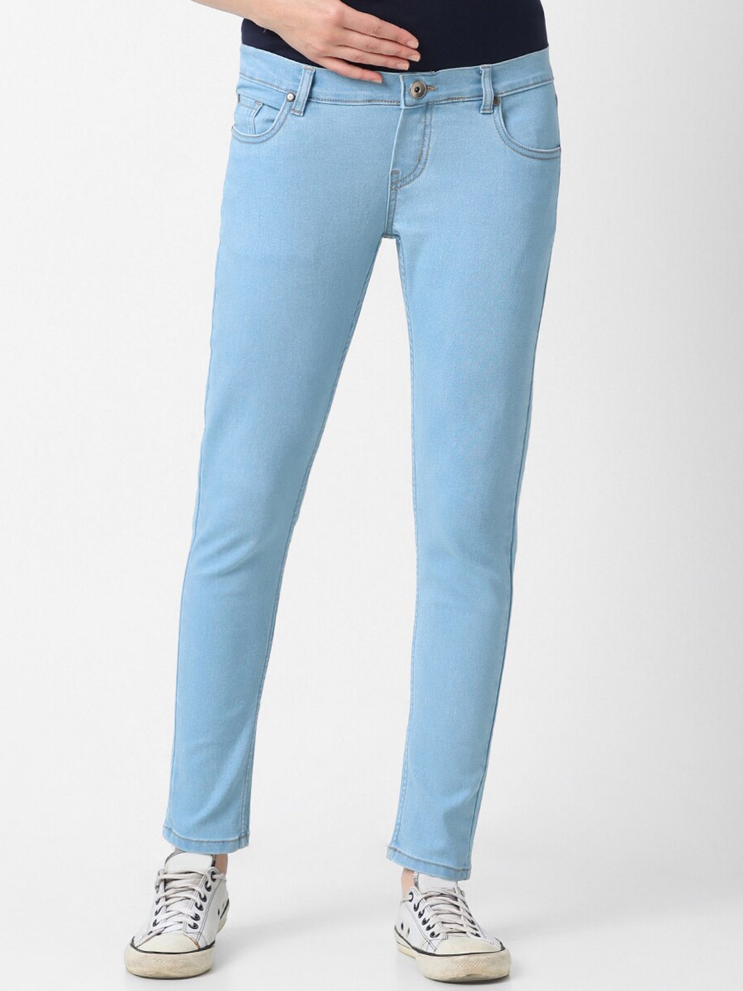

Mystere Paris Women Relaxed Fit Low-Rise Clean Look Maternity Jeans, Blue