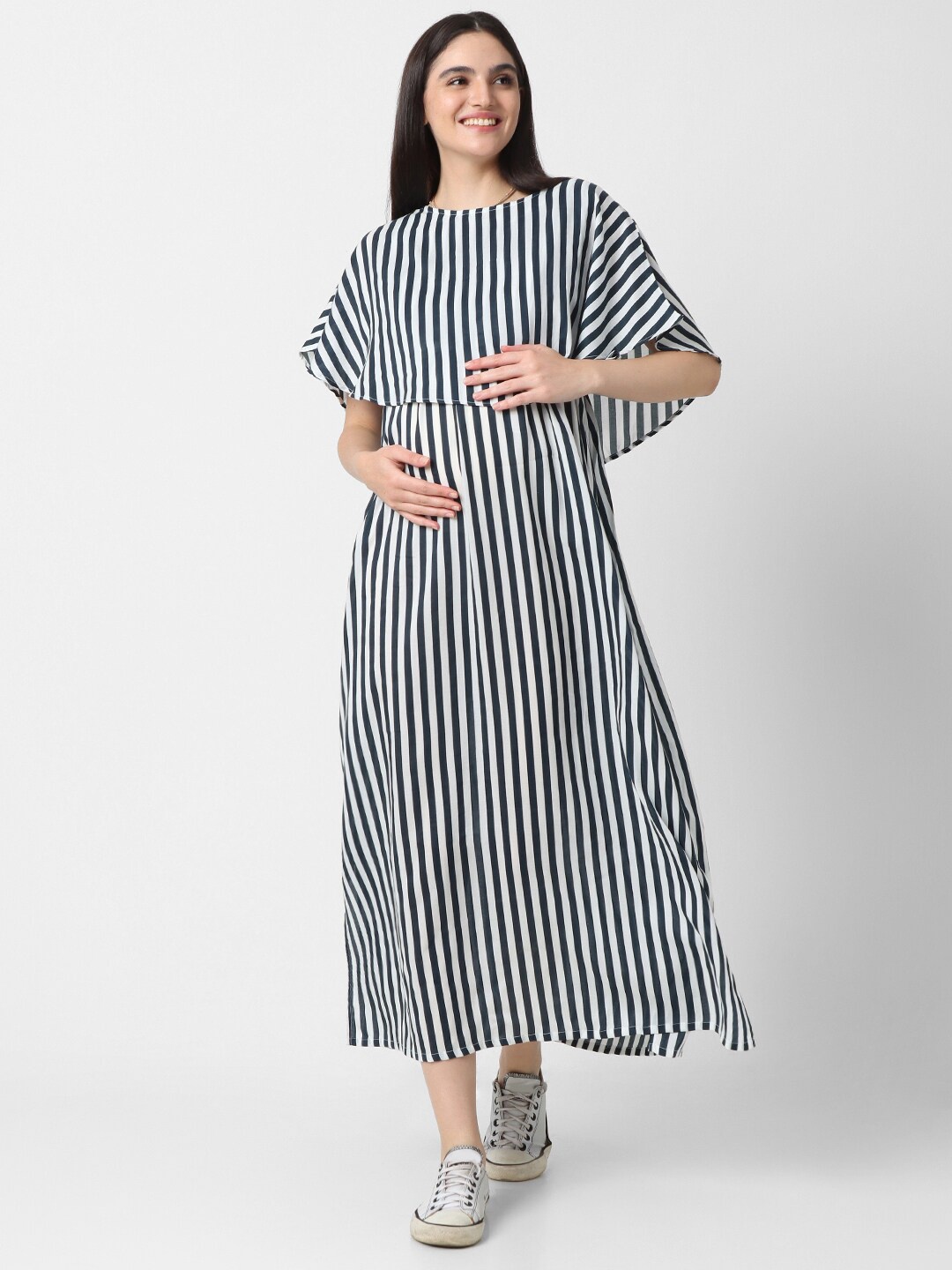 

Mystere Paris Striped Boat Neck Cape Sleeves Cotton Maternity A-line Midi Dress, Navy blue