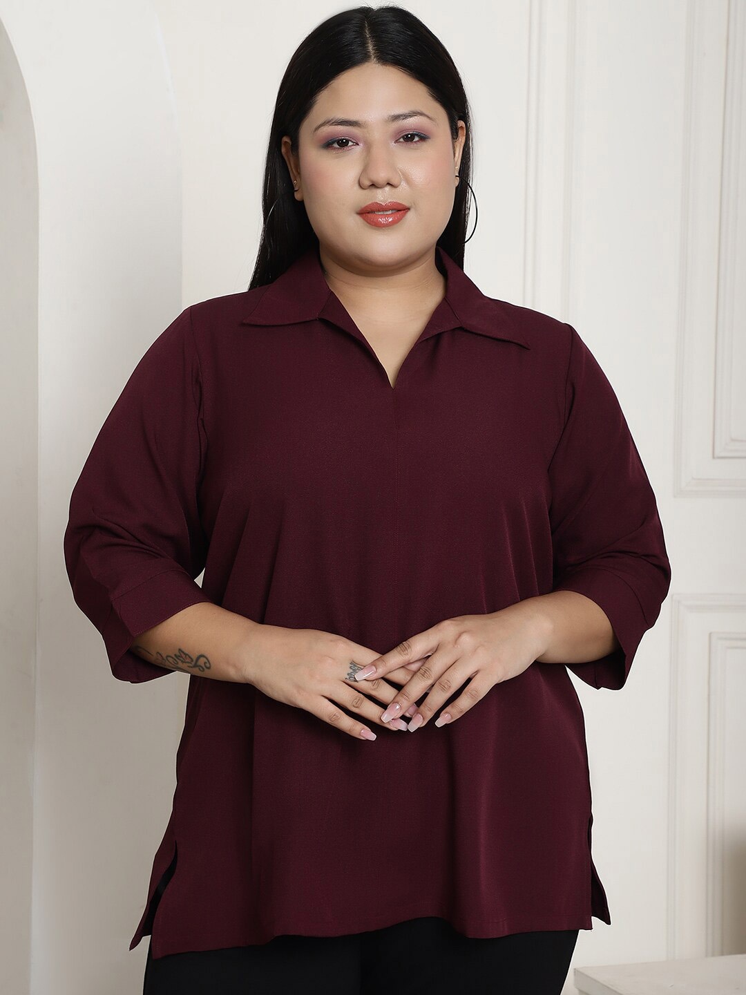 

theRebelinme Shirt Style Longline Top, Burgundy