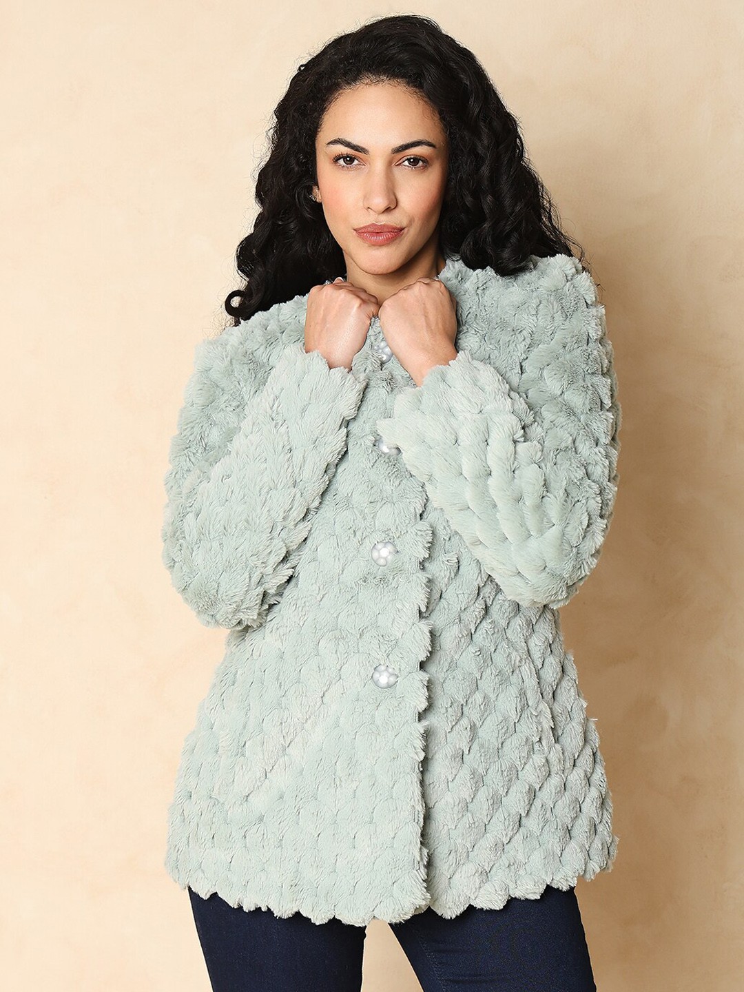 

Indifusion Self Design Faux Fur Trim Acrylic Tailored Jacket, Green