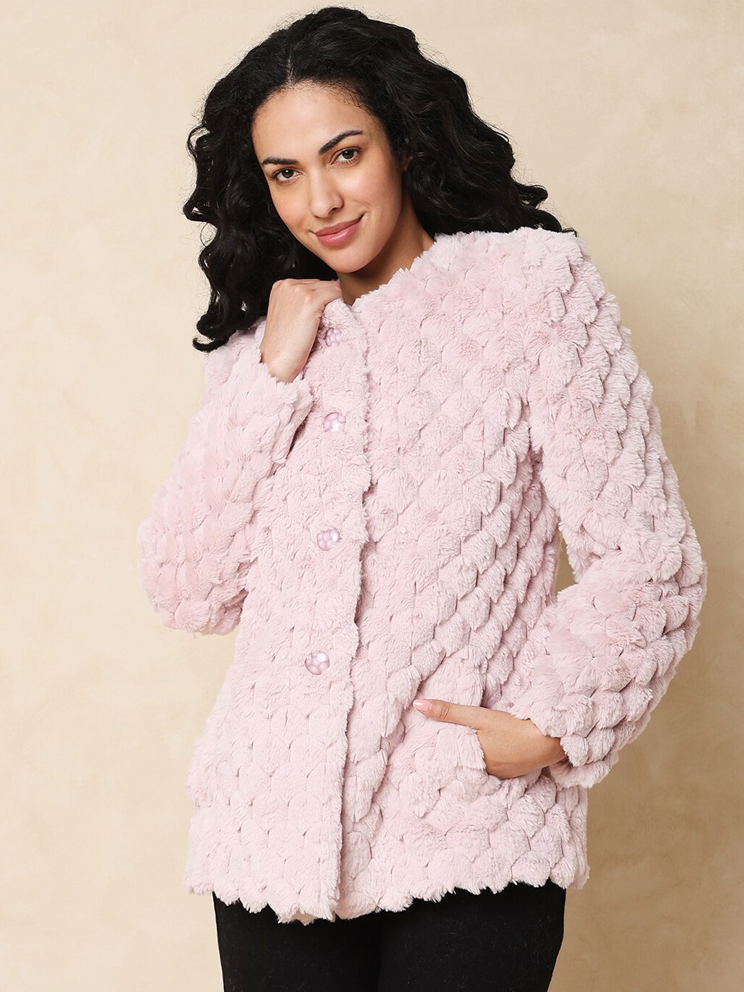 

Indifusion Self Design Faux Fur Trim Acrylic Tailored Jacket, Pink