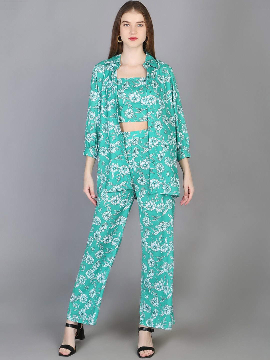 

Chemistry 3 Pieces Floral Printed Top & Trousers with Shrug, Green