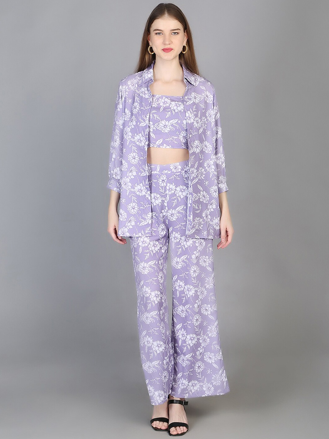 

Chemistry 3 Pieces Floral Printed Top & Trousers with Shrug, Lavender