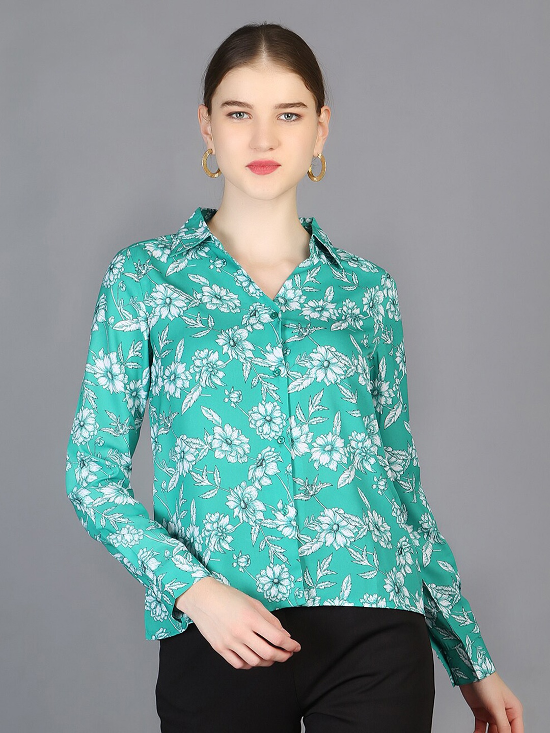 

Chemistry Spread Collar Floral Printed Crepe Shirt, Green