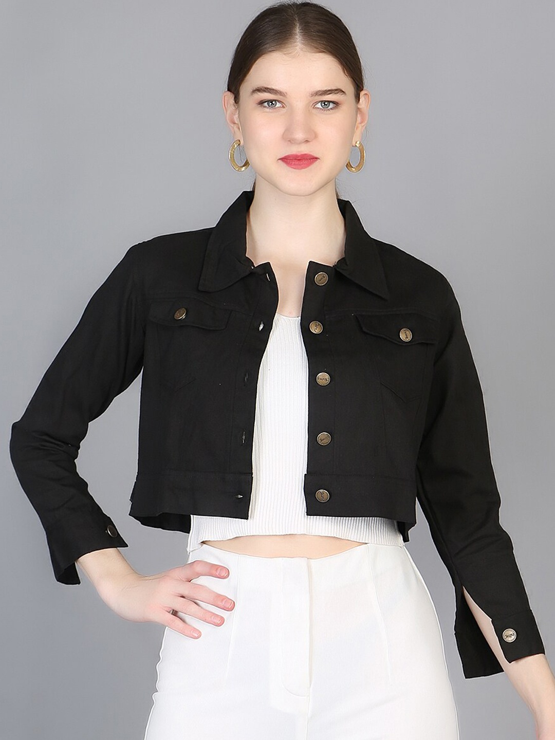 

Chemistry Spread Collar Cotton Crop Denim Jacket, Black