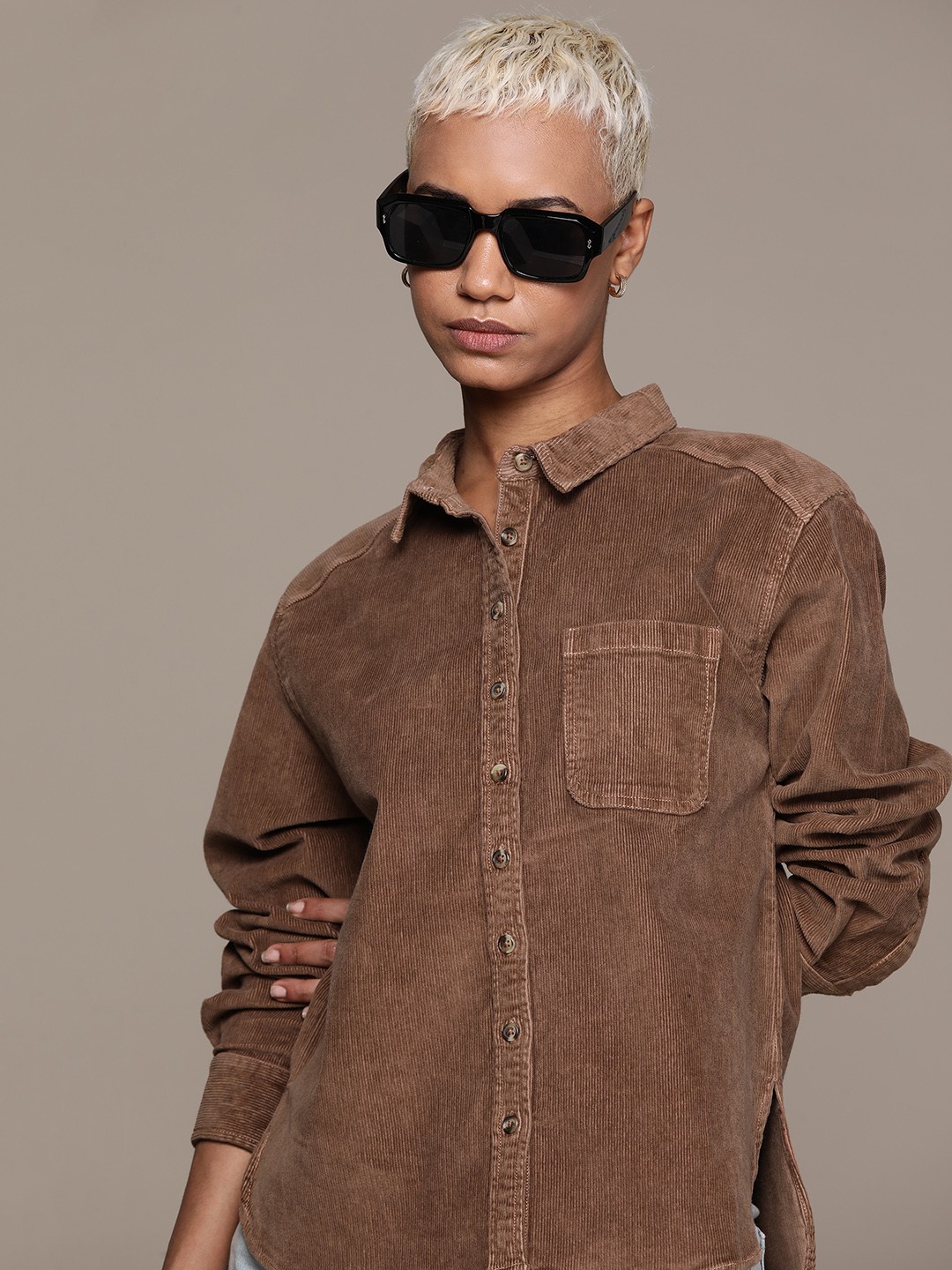 

Roadster Women Opaque Corduroy Cotton Casual Shirt, Brown