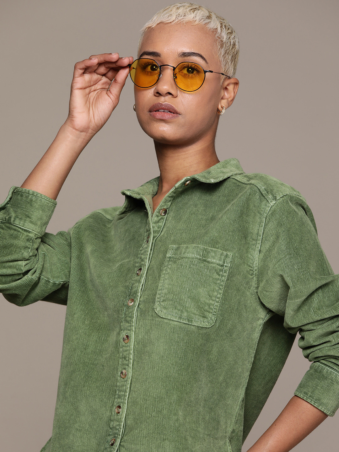 

Roadster Women Opaque Cotton Corduroy Casual Shirt, Green