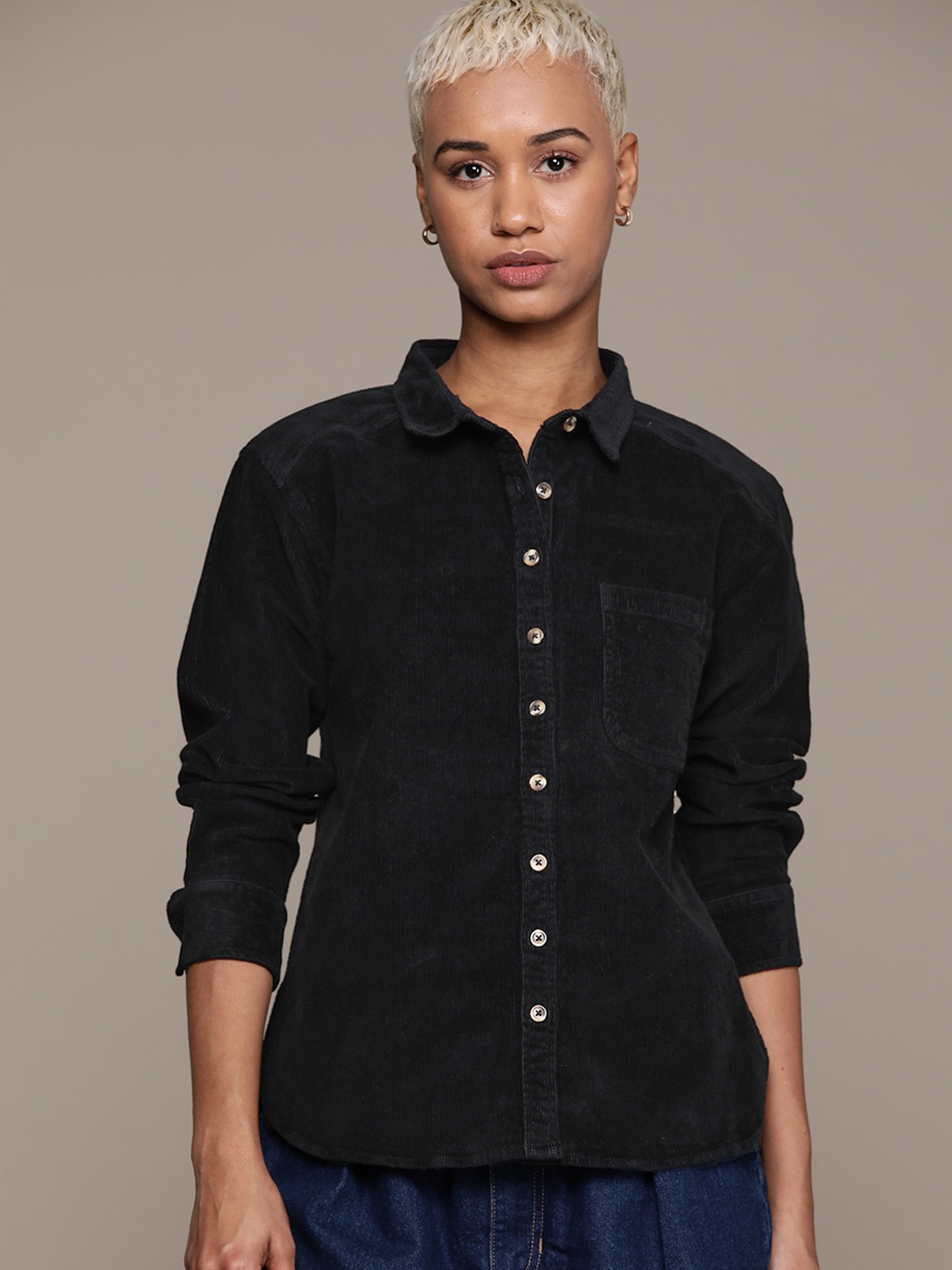 Roadster Women Opaque Cotton Corduroy Casual Shirt, Black