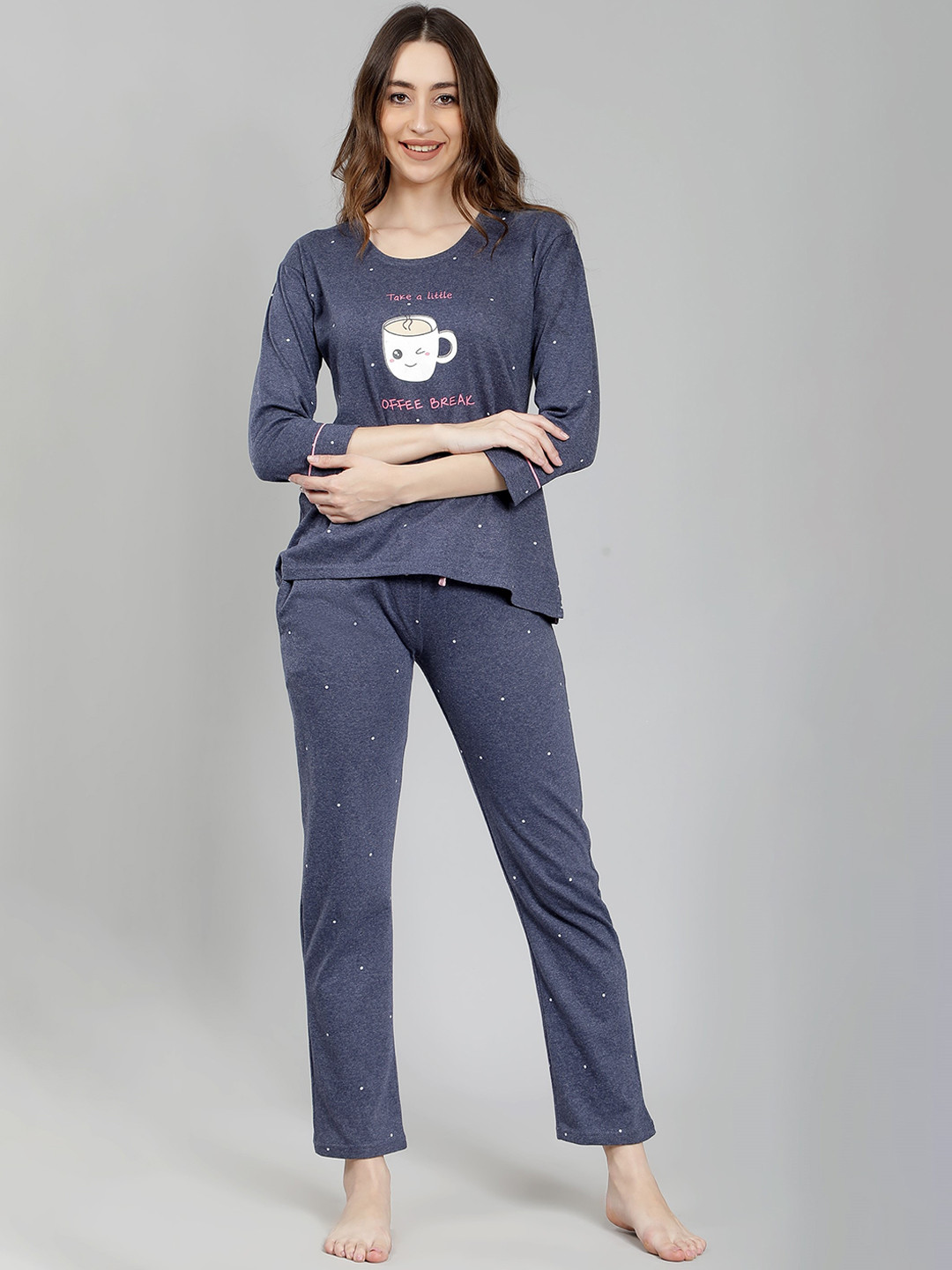

NUEVOSDAMAS Graphic Printed Three-Quarter Sleeves Pure Cotton Night suit, Blue