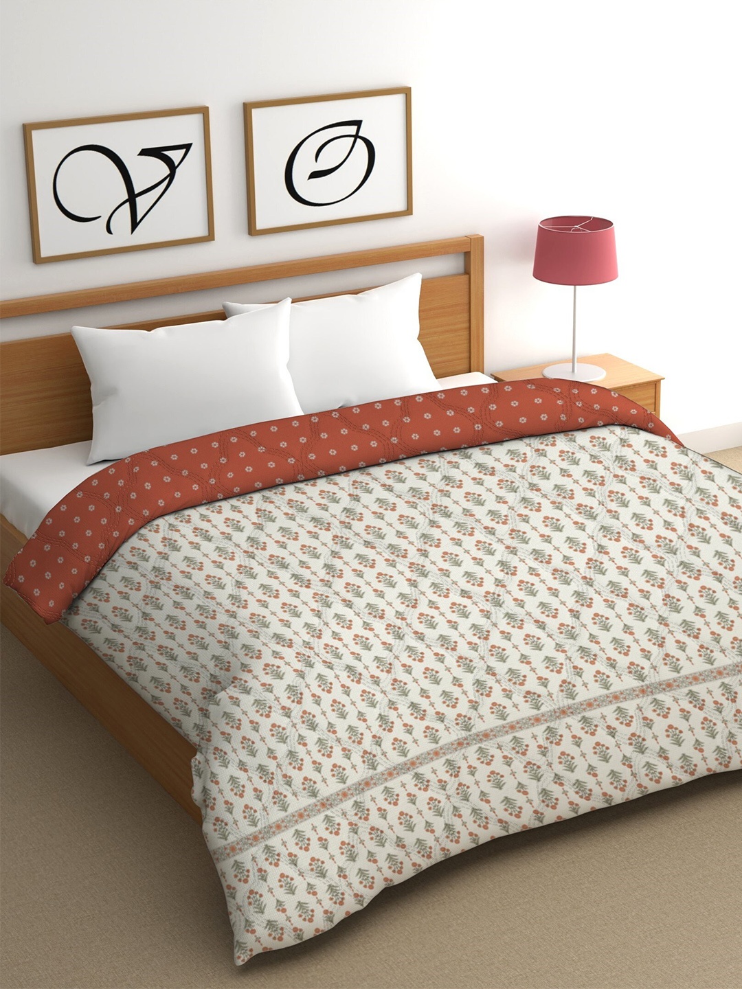 

CHHAVI INDIA White & Brown Floral Cotton Mild Winter 350 GSM Double Bed Comforter, Orange
