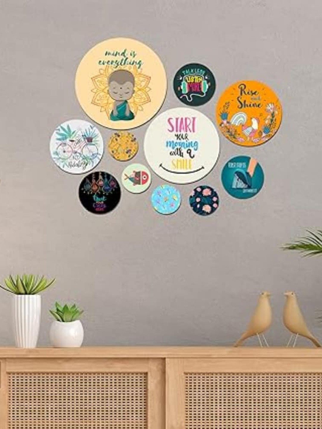 

Kastner Blue & Yellow 11 Pieces Designer Wooden Circular Hanging Wall Decor