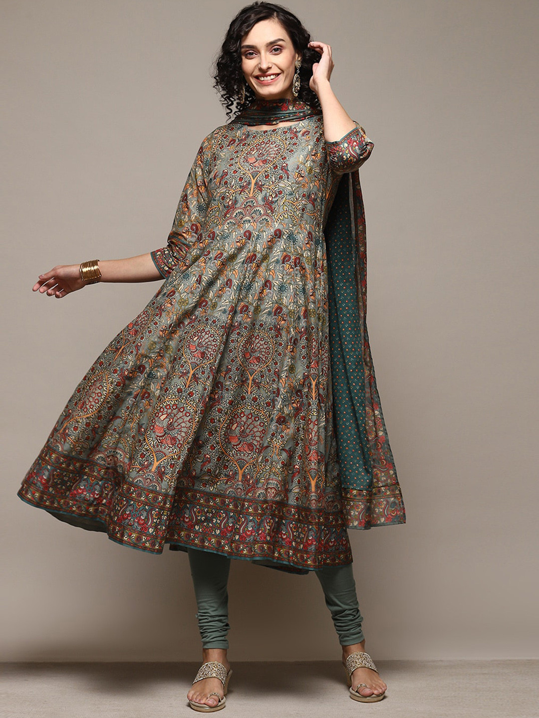 

Biba Ethnic Motifs Printed Pure Cotton Anarkali Kurta & Leggings With Dupatta, Green